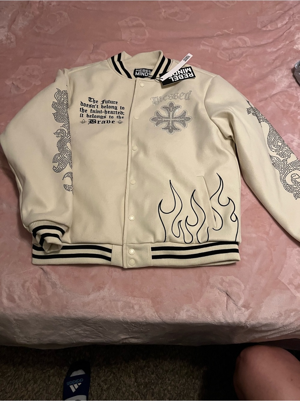 Rebel Minds Cream Varsity Bomber Jacket with Black Trim